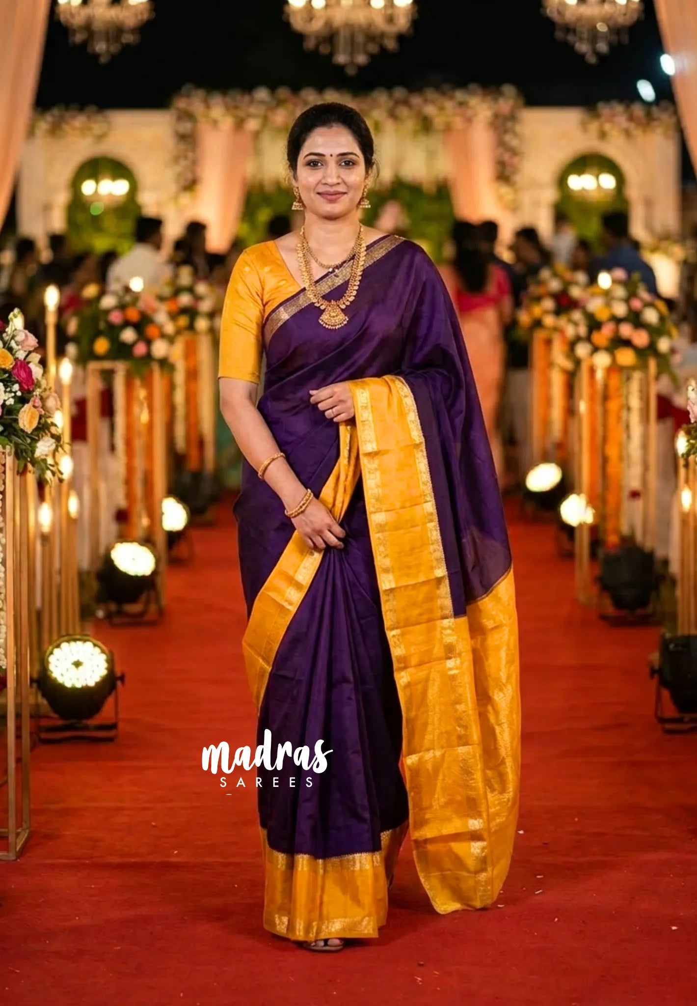 Plum Purple with Yellow - Viscose Georgette Saree with Rettapetta Border - Best for Functions Wear - Madras Sarees
