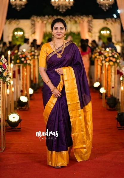 Plum Purple with Yellow - Viscose Georgette Saree with Rettapetta Border - Best for Functions Wear - Madras Sarees