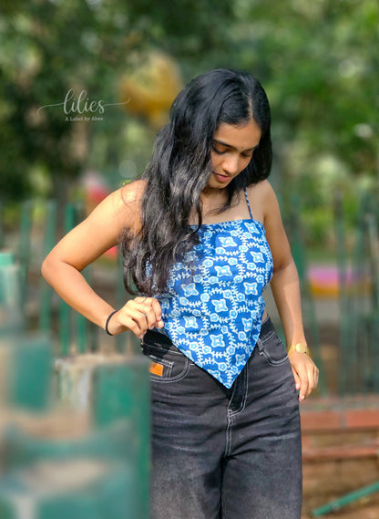 Blue Mosaic Reversible Bandana Top - Lilies