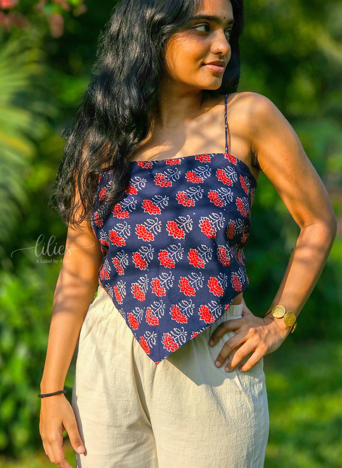 Midnight Bloom Reversible Bandana Top - Lilies