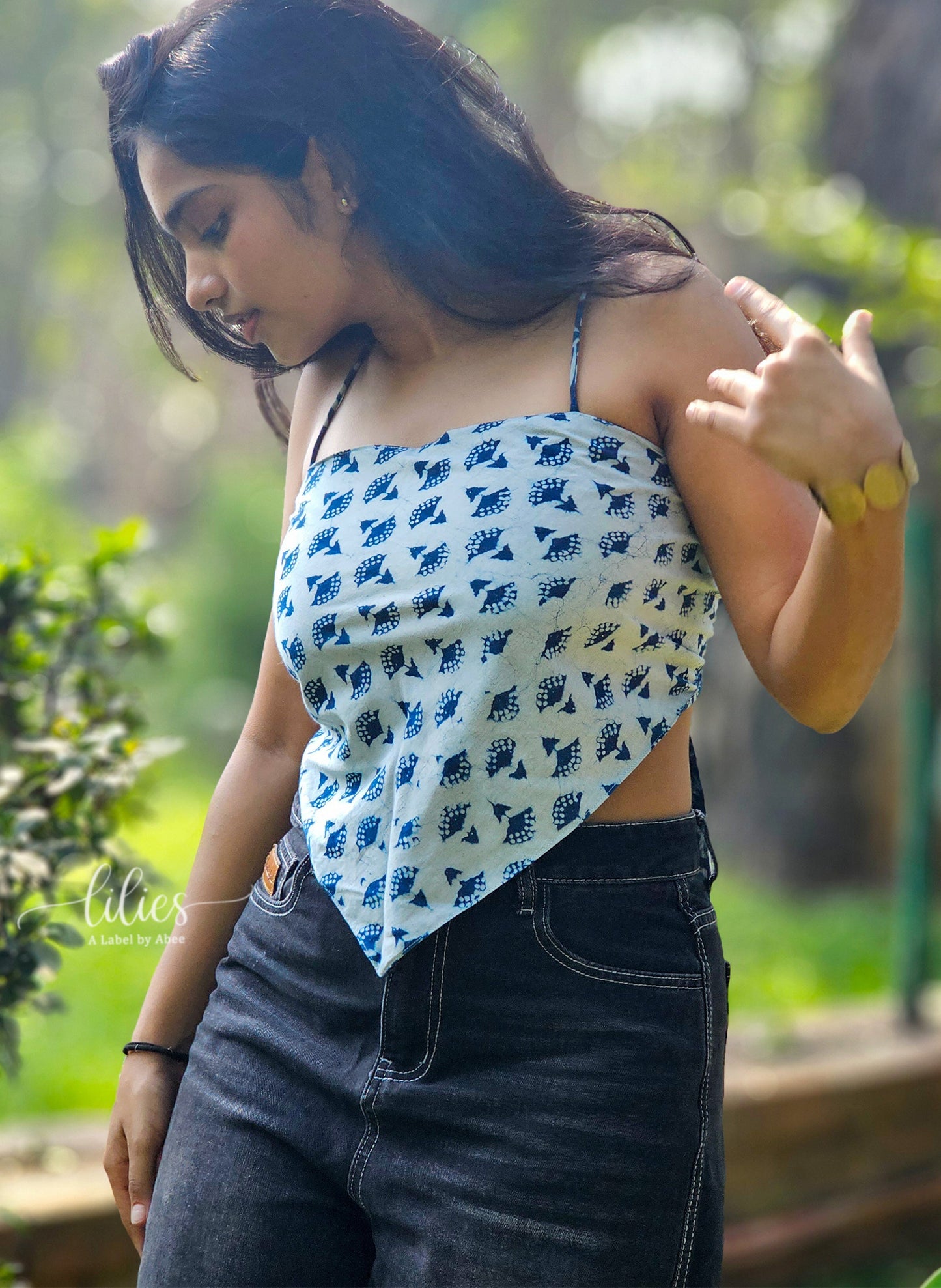 Blue Mosaic Reversible Bandana Top - Lilies
