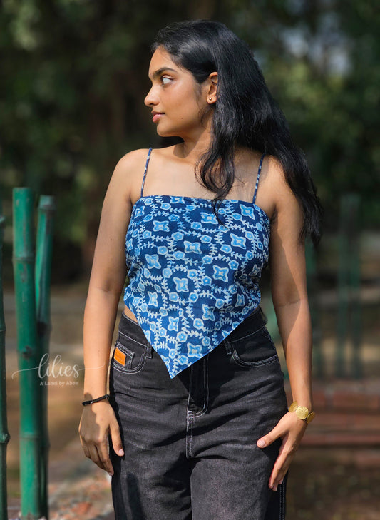 Blue Mosaic Reversible Bandana Top - Lilies